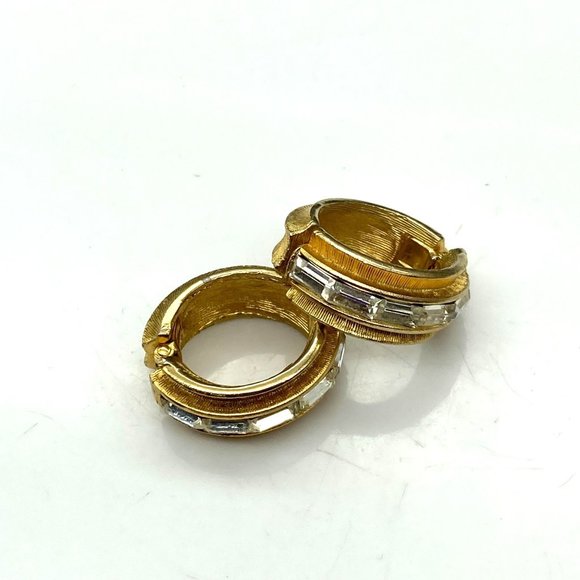 Glamorous Vintage Huggie Hoop Earrings, Unique Channel Set Baguette Crystals - Picture 4 of 6